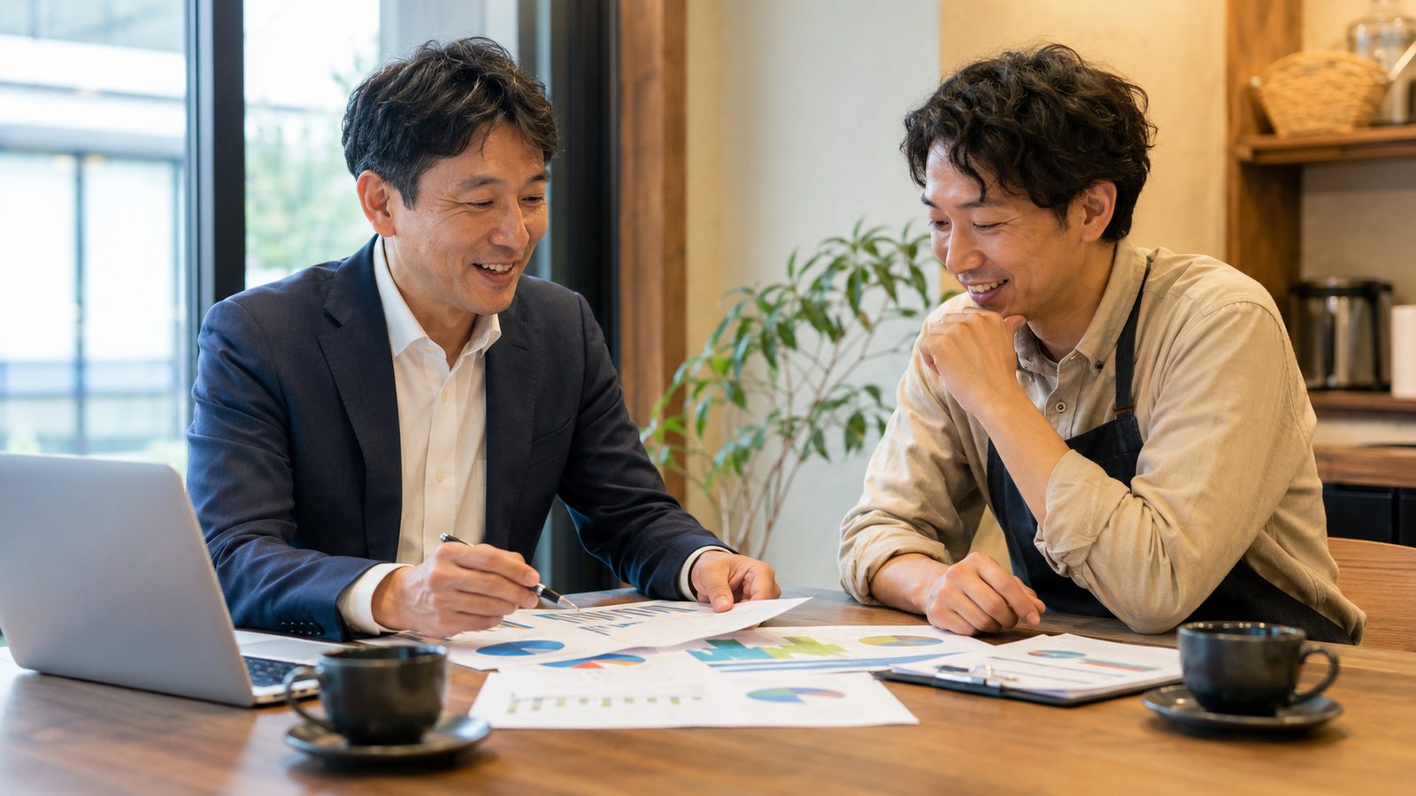 経営資料を前に打ち合わせをする担当者